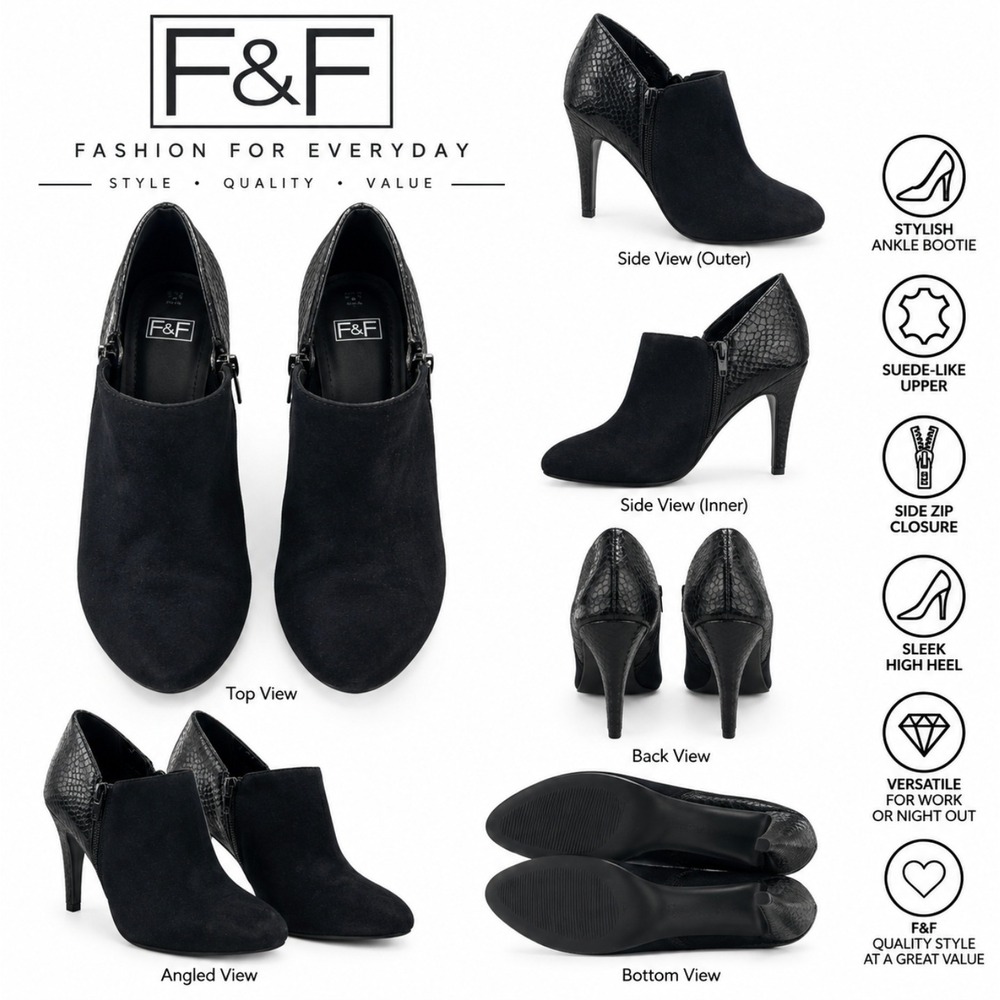 F&F Women's 6.5 Black‎ Suede Snakeskin Ankle Booties Stiletto Heels Side Zip